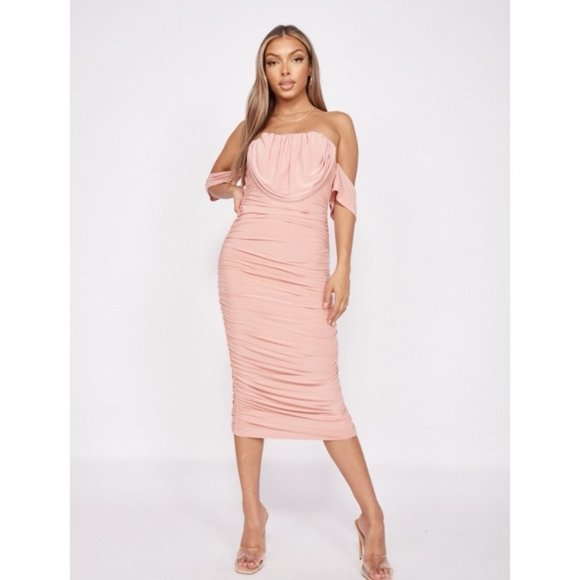 Pink Short Sleeve Off Shoulder Ruched Bodycon Midi Dress - Picture 10 of 14